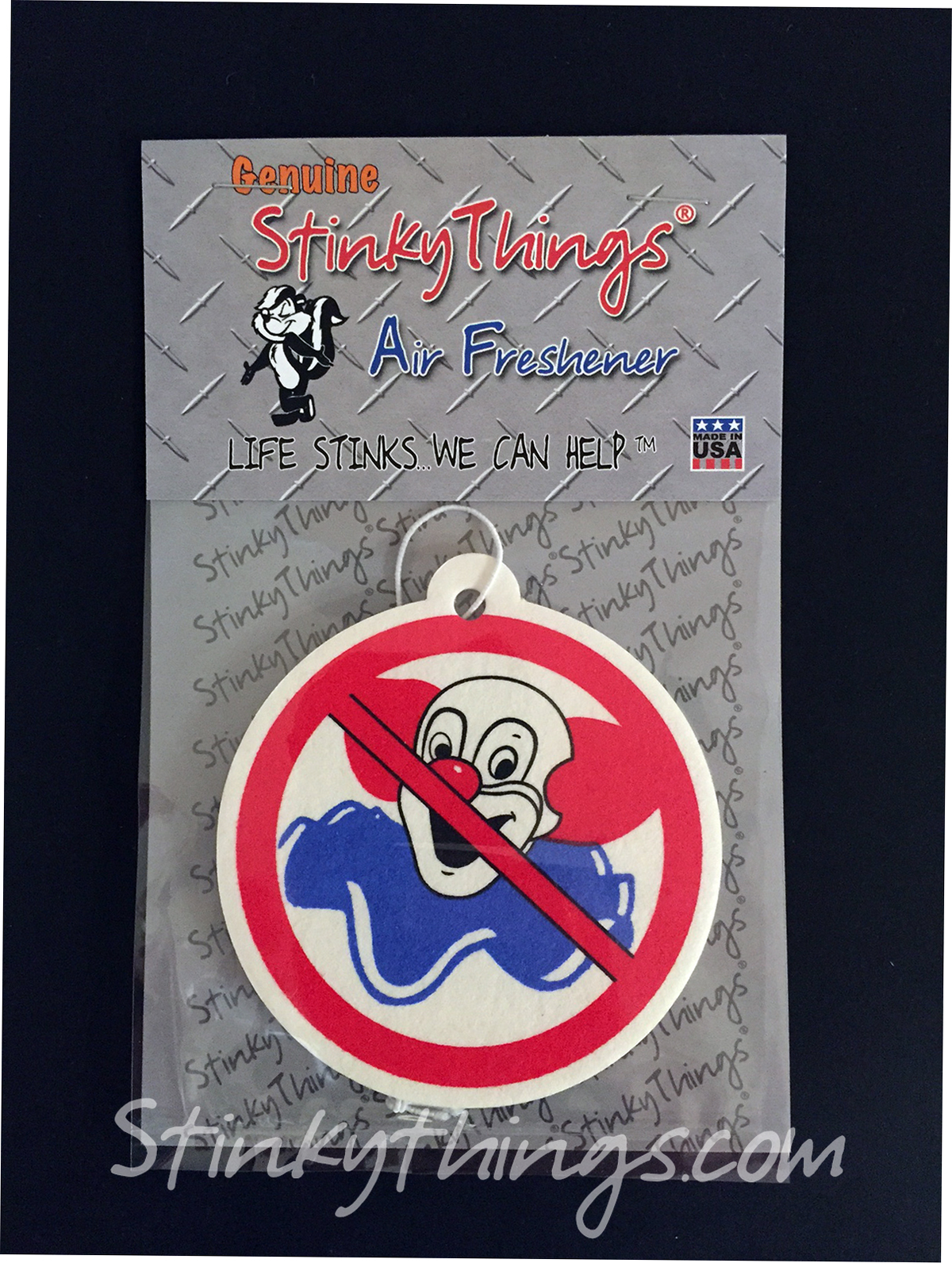 StinkyThings air freshener with a crossed-out clown design in its packaging